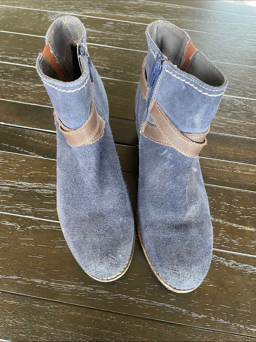 Navy Suede Ankle Booties with Brown Strap